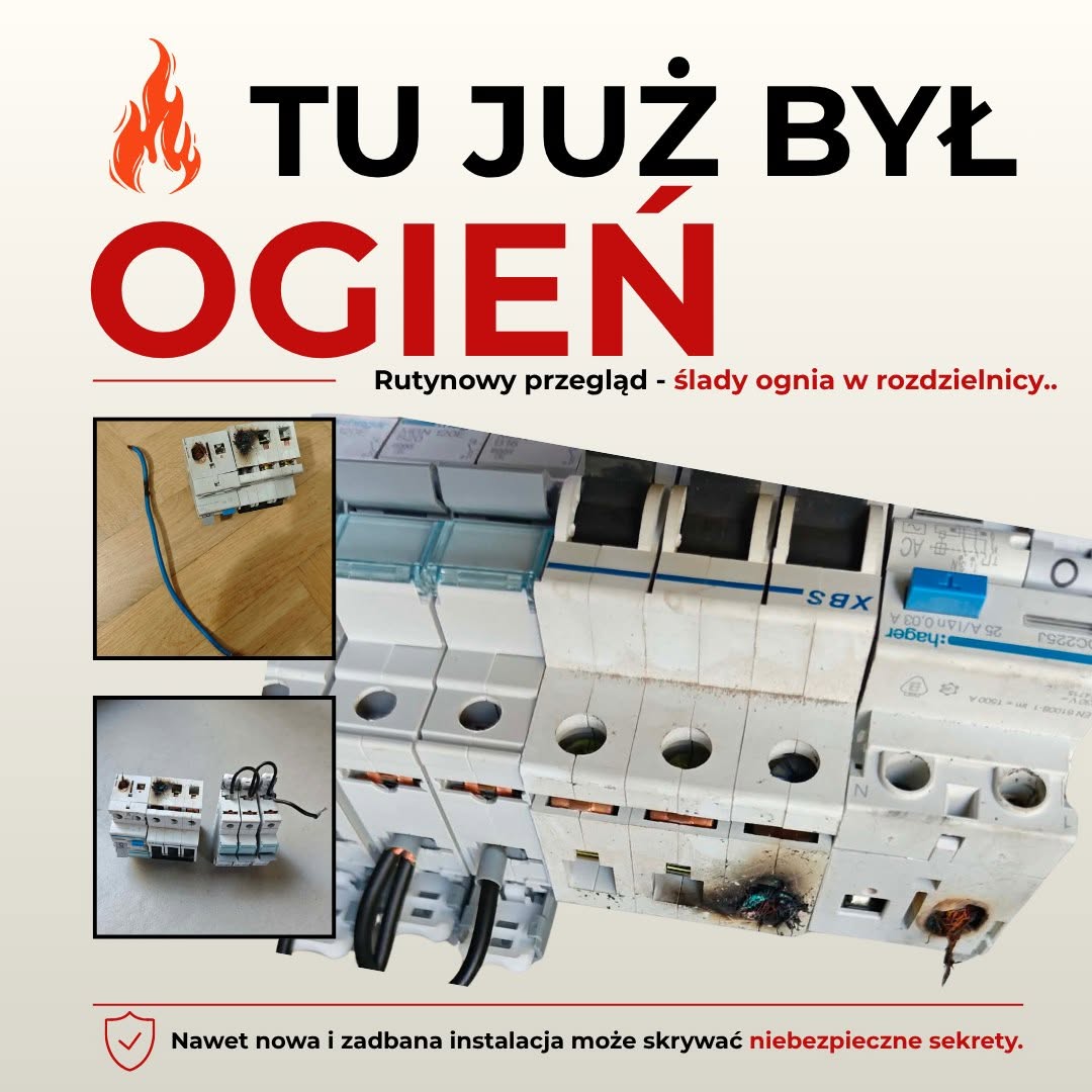 Ślady nadpalenia i uszkodzenia w rozdzielnicy elektrycznej ujawnione podczas rutynowej kontroli